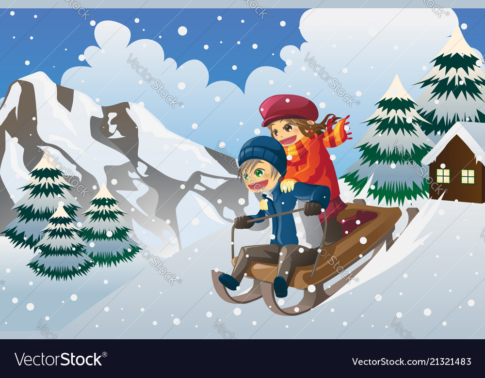 Kids sledding in the snow Royalty Free Vector Image