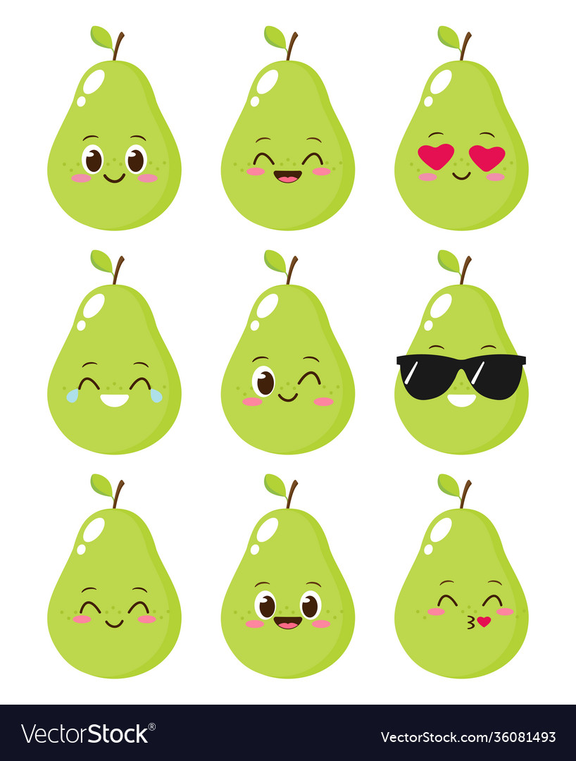 Cute happy pear emoji set Royalty Free Vector Image