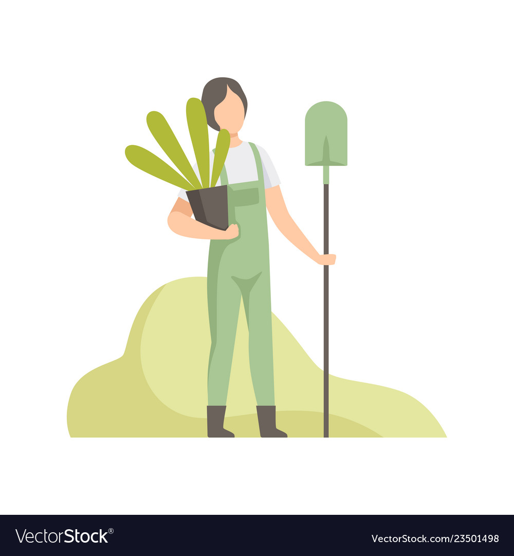 Man holding pot with plant and shovel people Vector Image