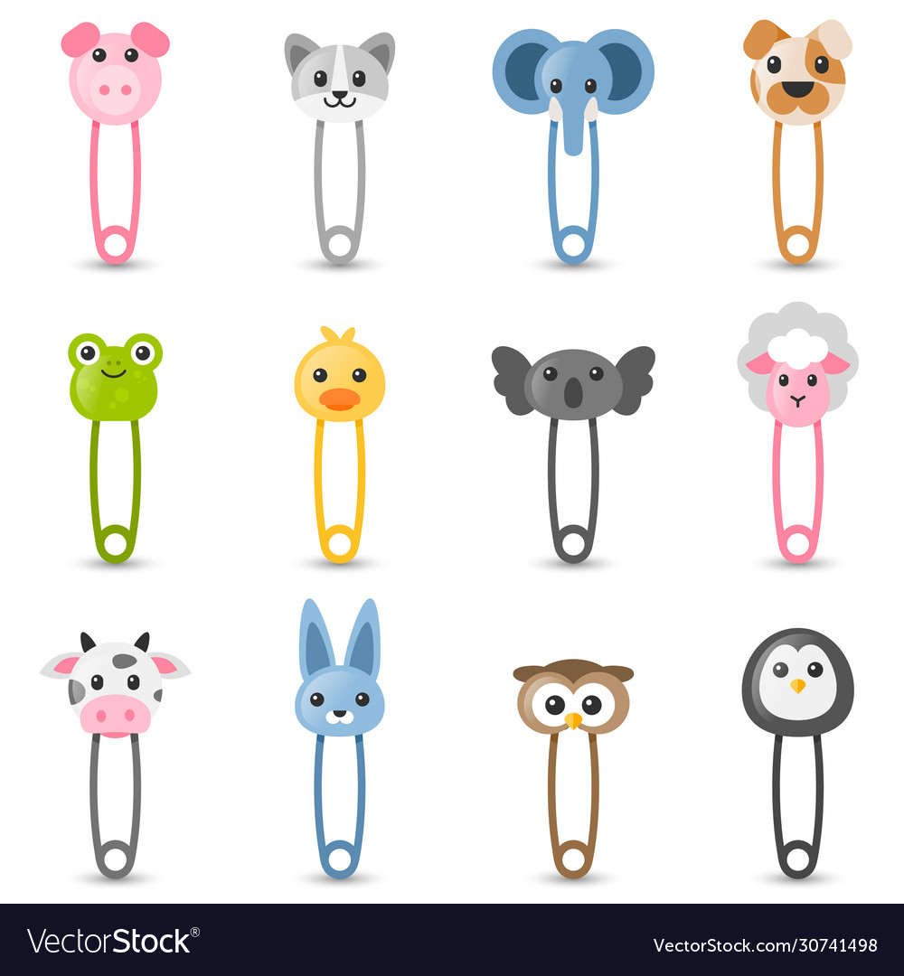 Safety pin collection with colorful animal heads vector image Safety pin collection with colorful animal heads