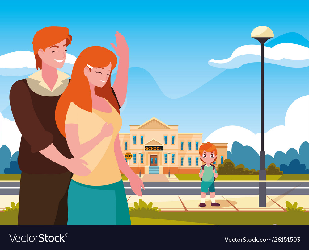 Parents Goodbye Son In Front School Building Vector Image