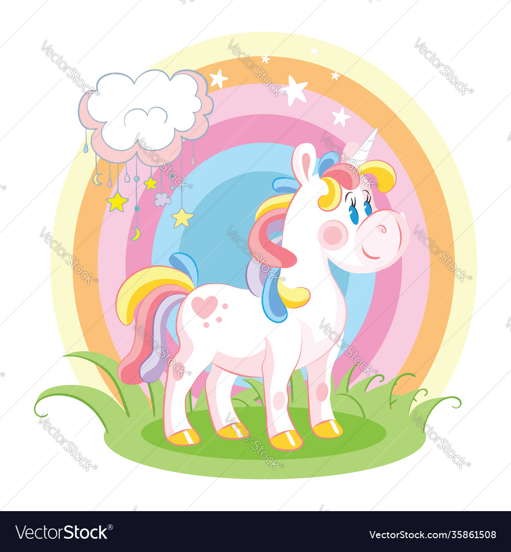 Rainbow unicorn character standing on grass Vector Image