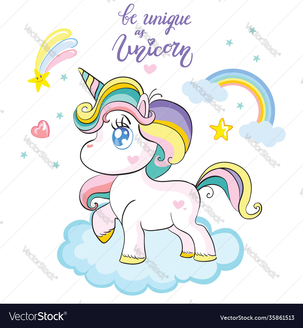 Cute baby unicorn character standing on cloud Vector Image