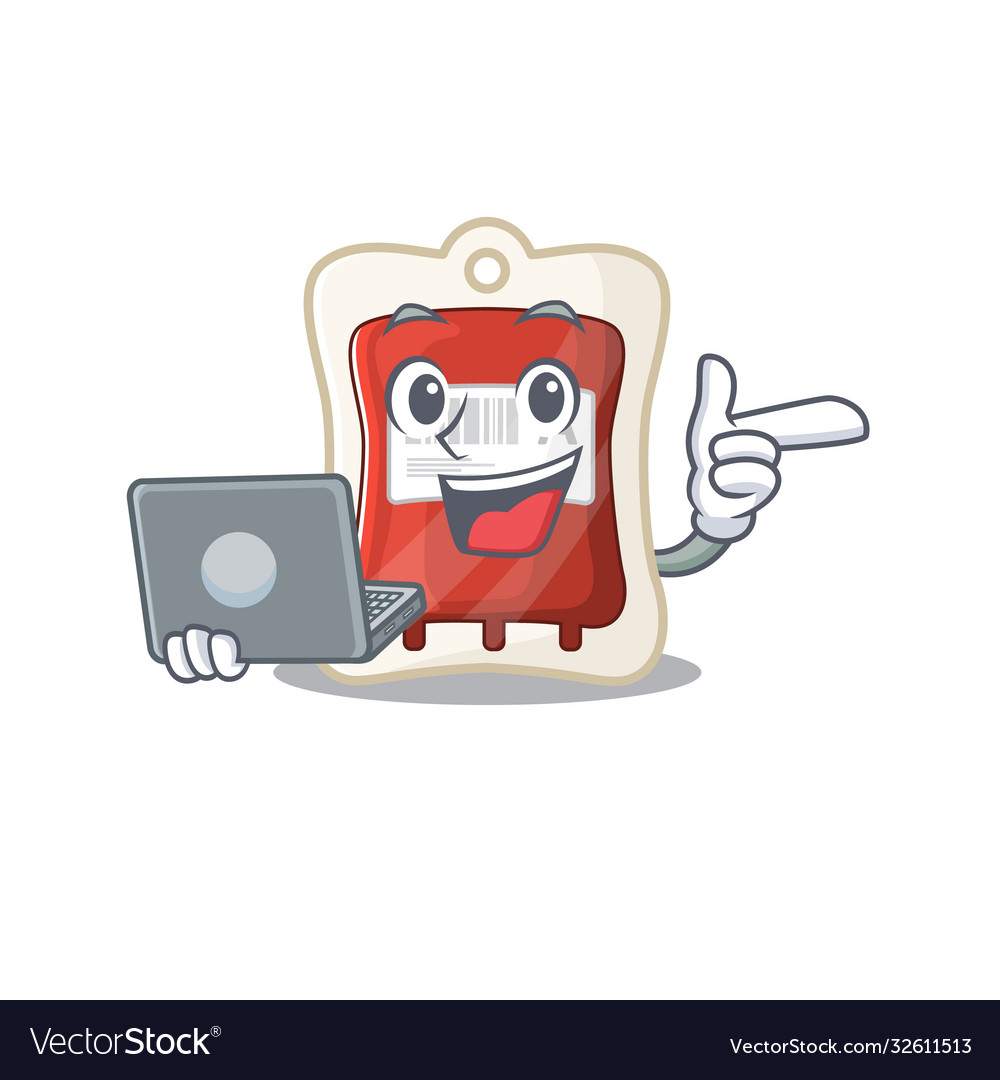 Smart character blood bag working with laptop Vector Image