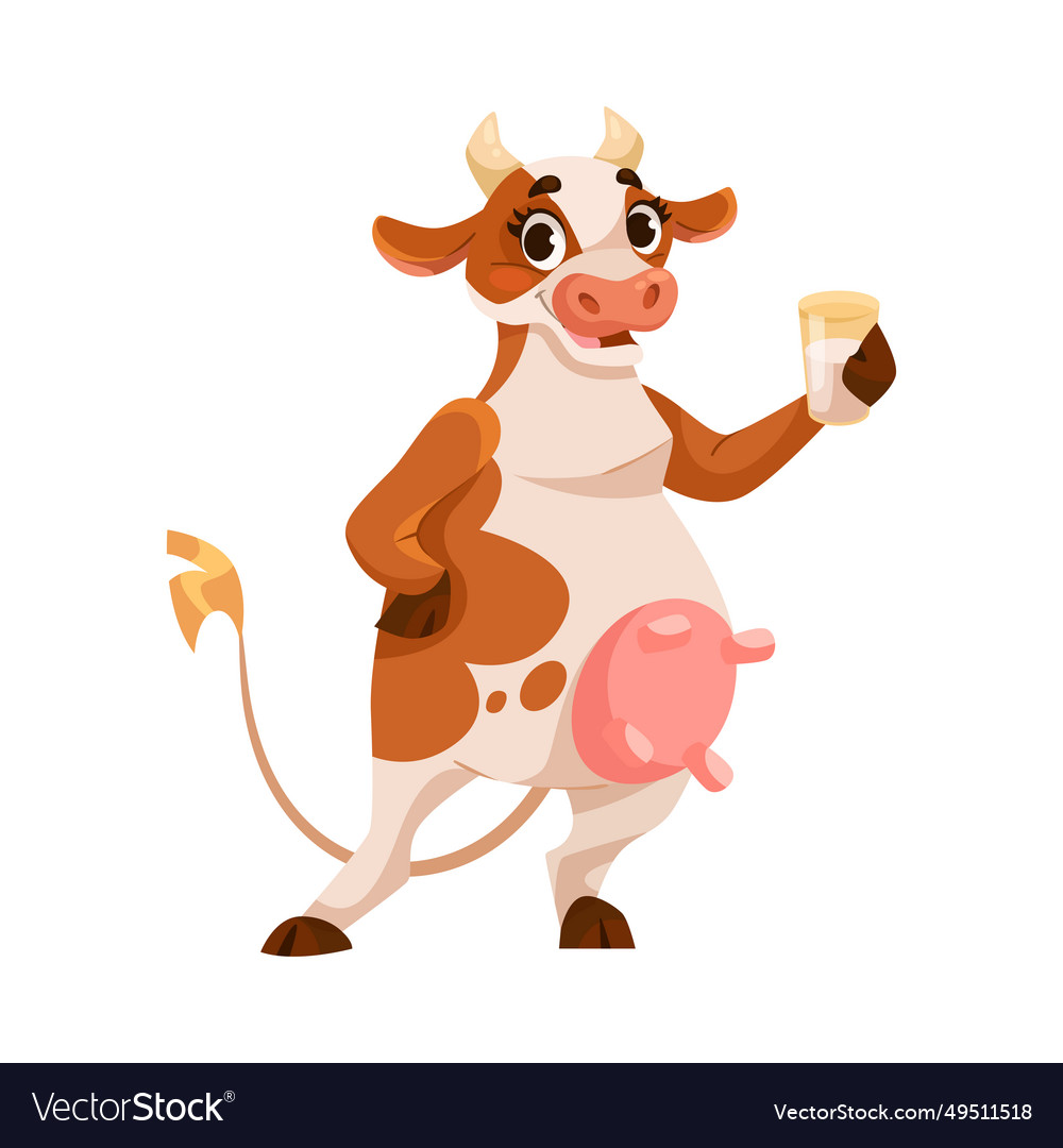 Funny cow character with udder and horns drink Vector Image