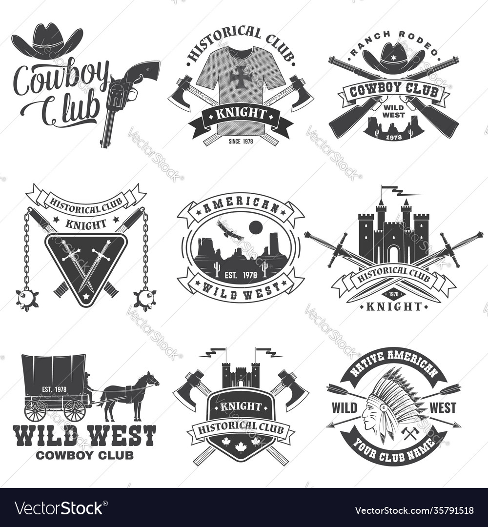 Set knight historical and cowboy club design Vector Image