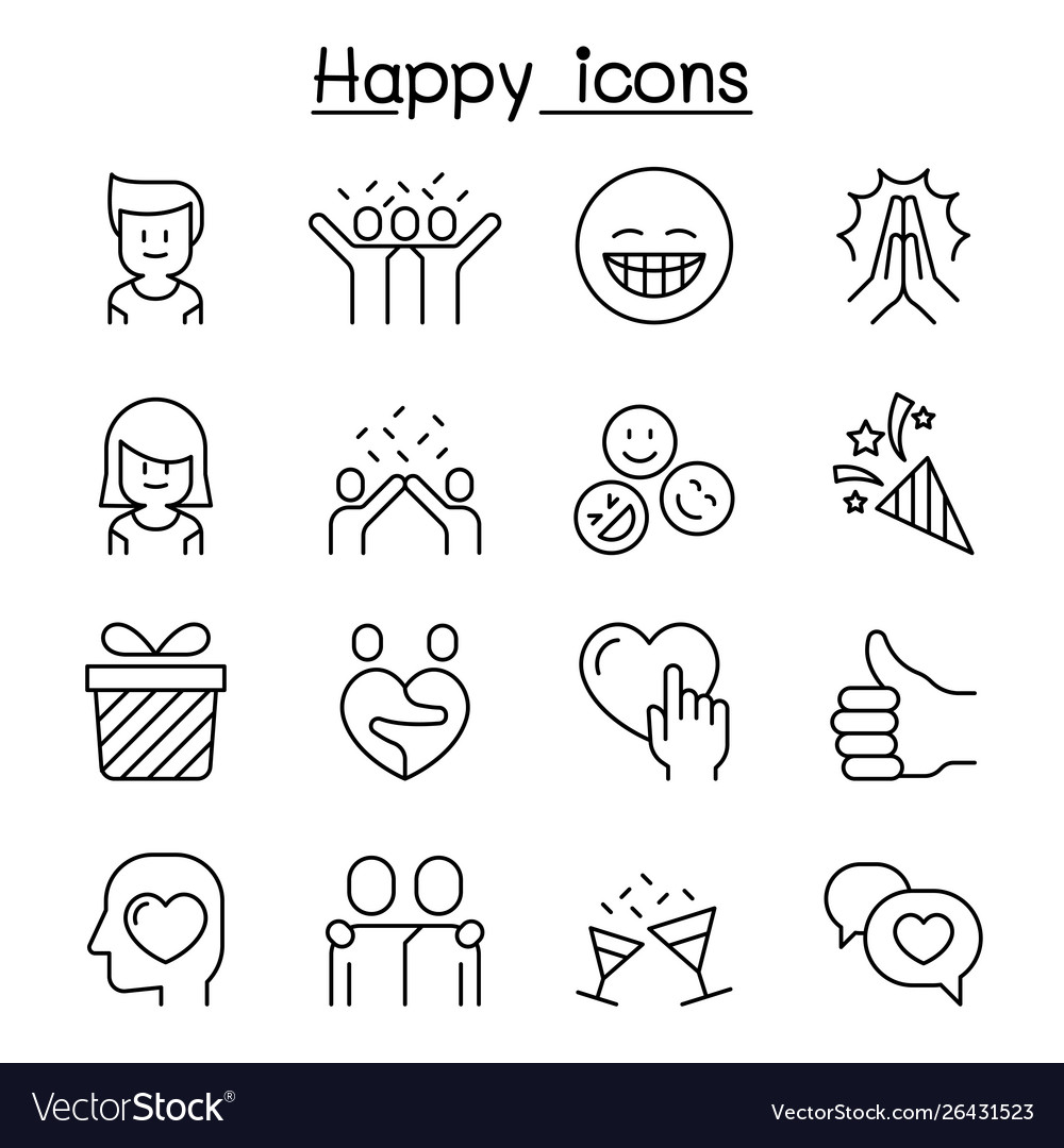 Happy icon set in thin line style Royalty Free Vector Image