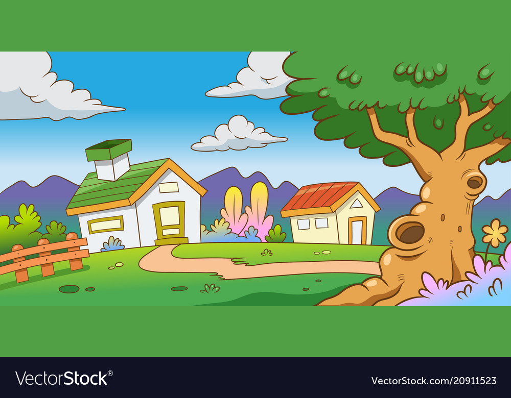 Two house and tree on mountain with green grass Vector Image