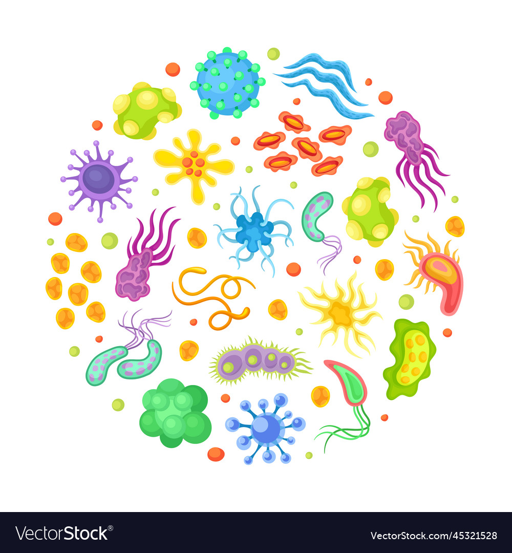 Colorful viruses and microbes in round shape Vector Image