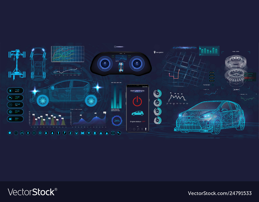 Car Auto Service, Modern Design HUD, Diagnostic Auto infographic.  Futuristic User Interface. Virtual Graphical Interface in Modern Style  (FUI, Auto Scanning, Analysis and Diagnostics) HUD Auto Repair Stock Vector