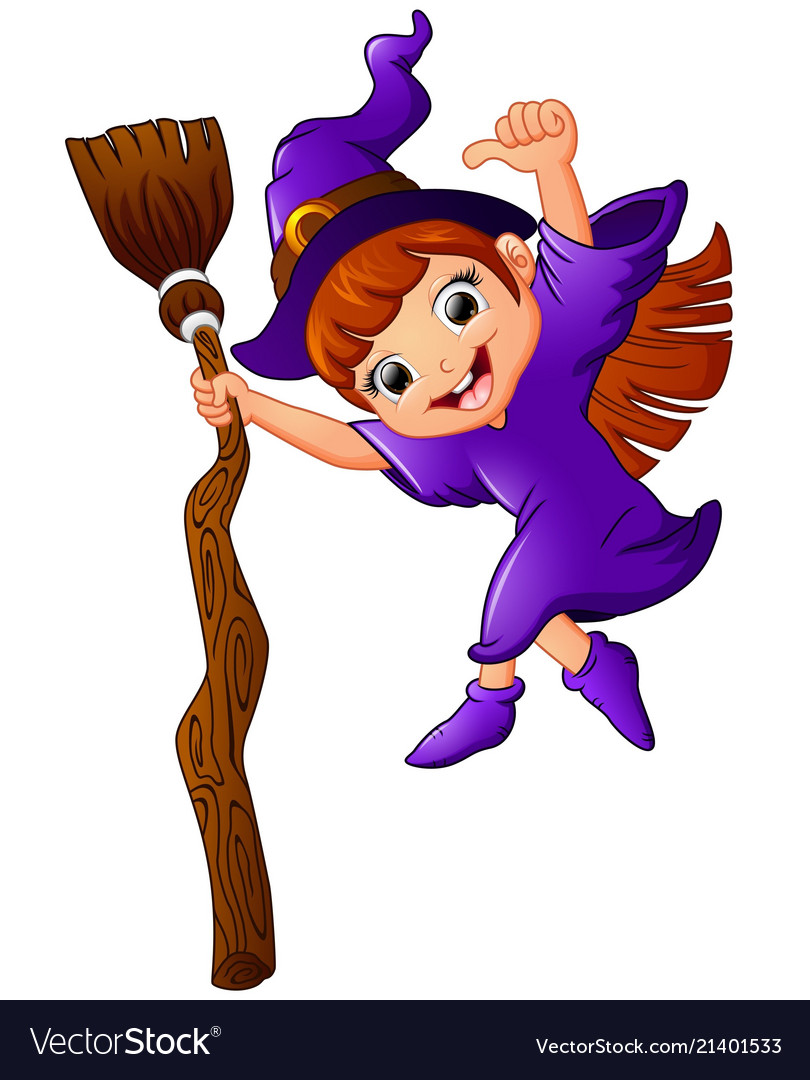 Little witch cartoon holding broom and giving thum