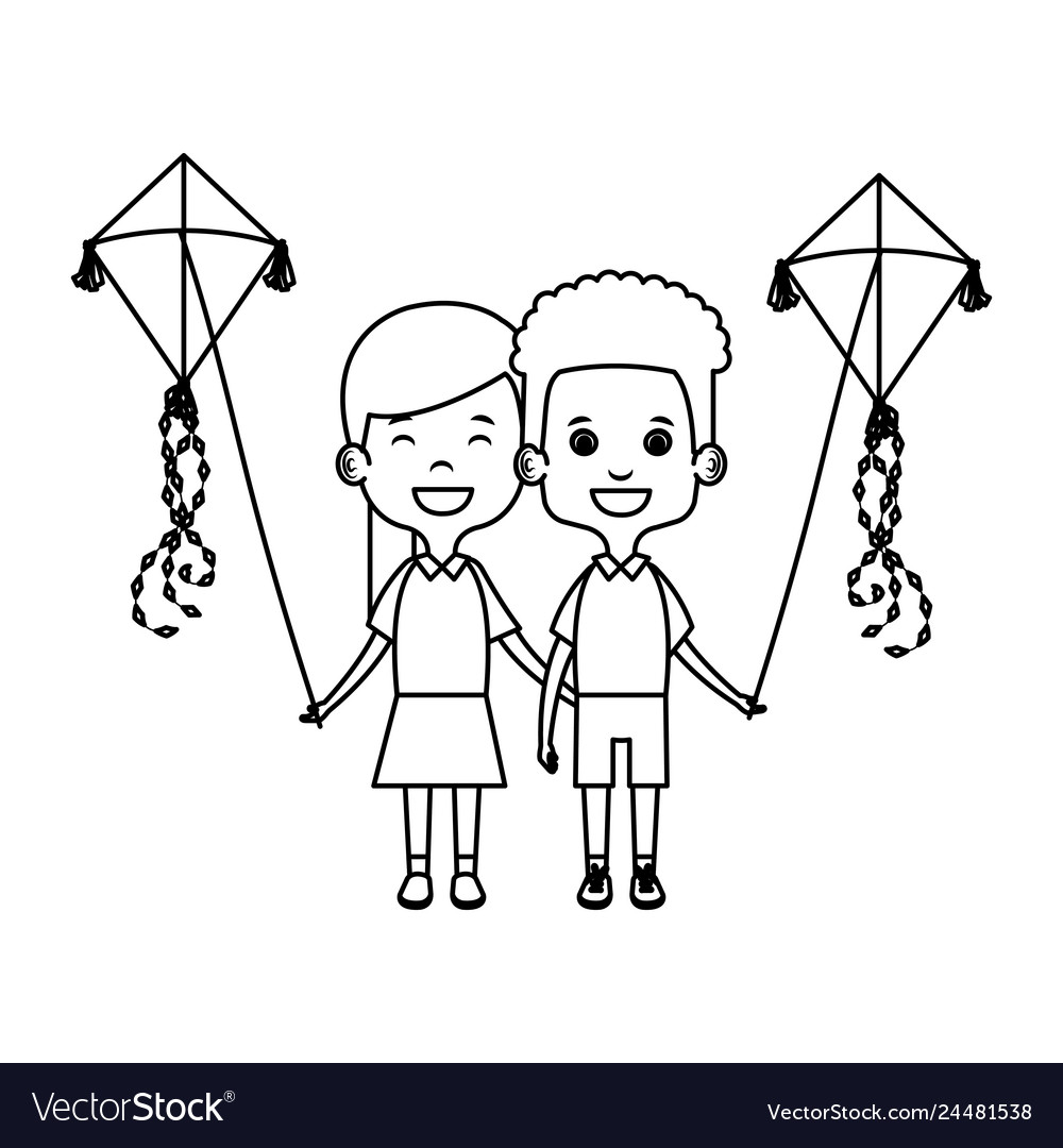 Kids couple with kite flying Royalty Free Vector Image