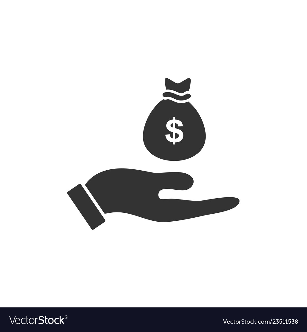 Open palm hold money bag icon flat Royalty Free Vector Image