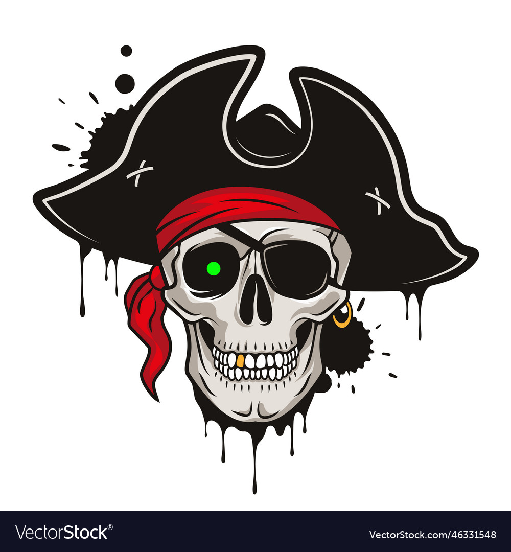 Pirate skull with a hat red bandana green glowing Vector Image