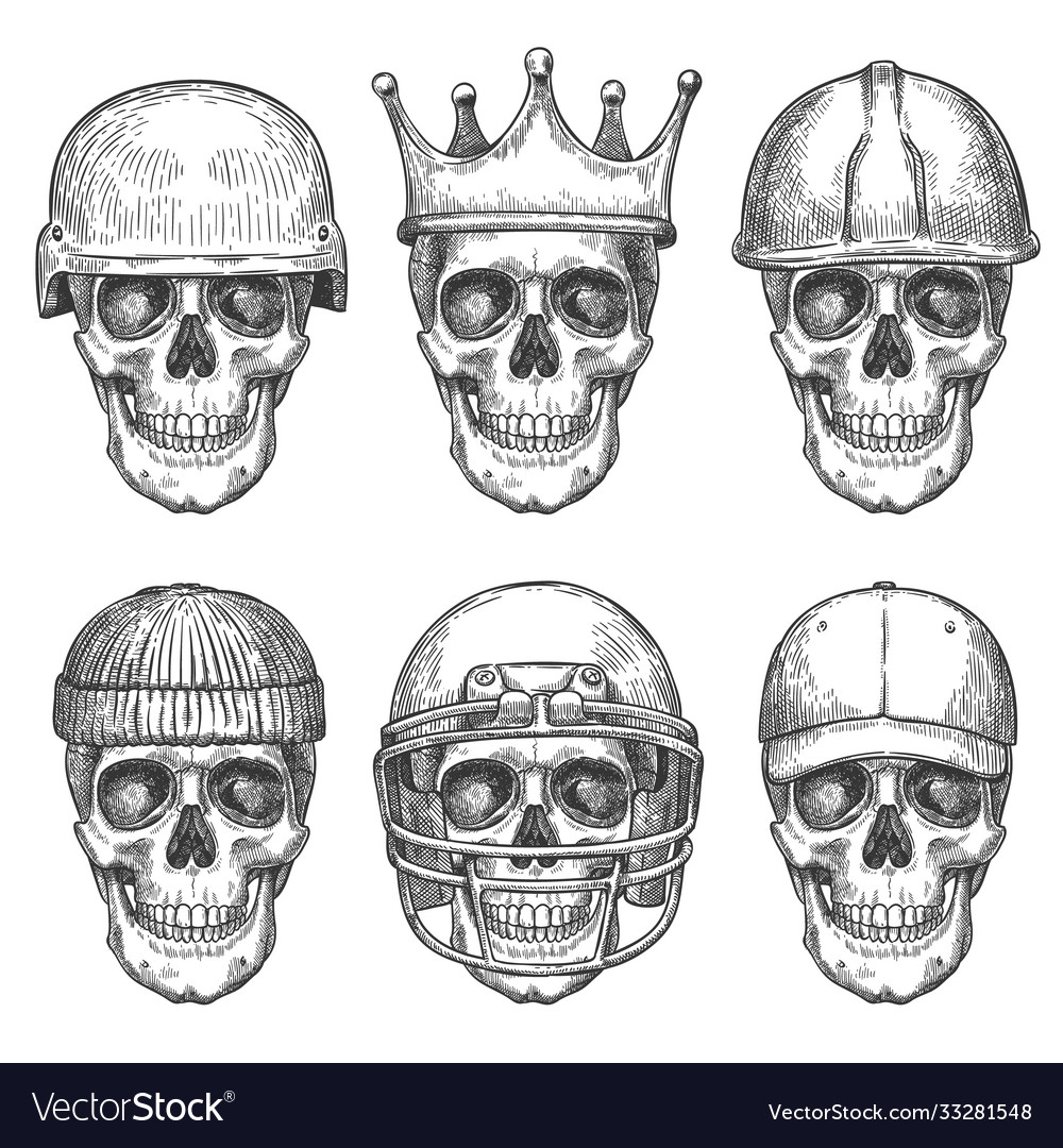 Skull in hats dead head characters with crown vector image Skull in hats dead head characters with crown