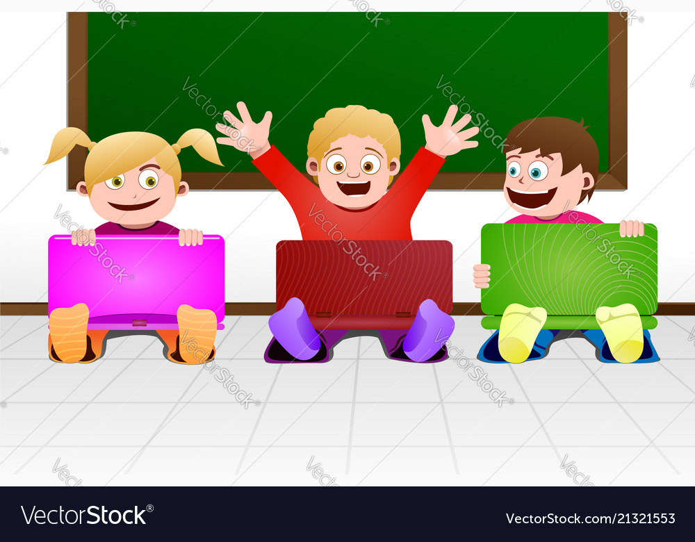 Children with laptop in classroom Royalty Free Vector Image