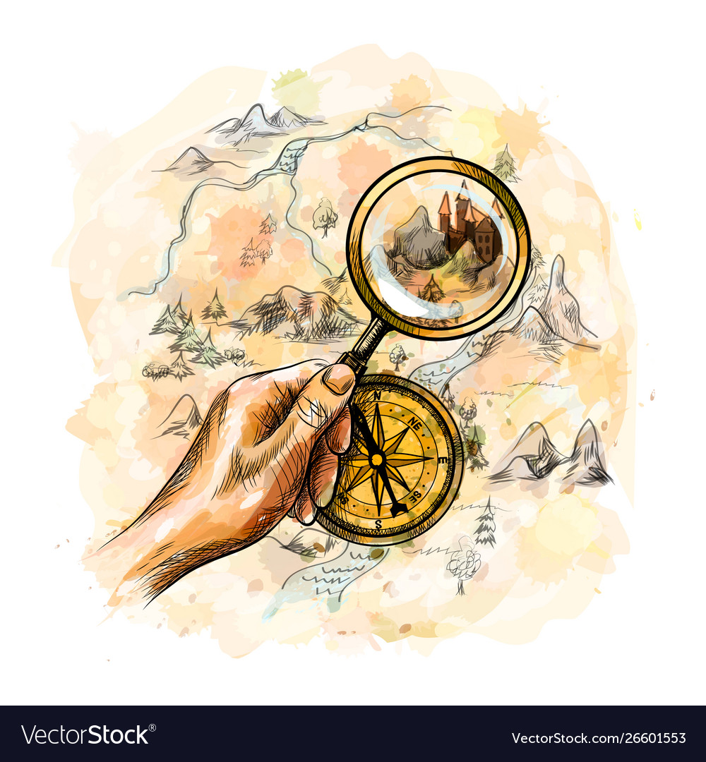 Compass and magnifying glass with treasure map Vector Image