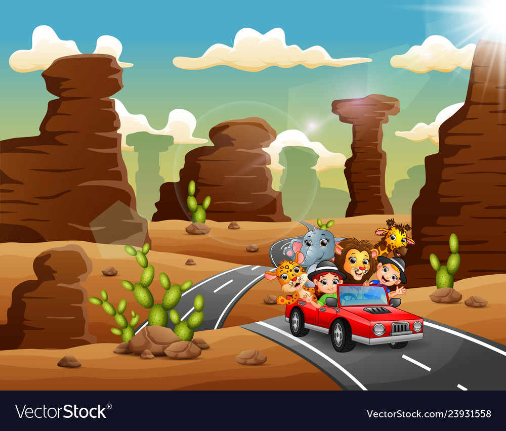 Cartoon kids driving a red car with wild animals t Cartoon kids driving a red car with wild animals t