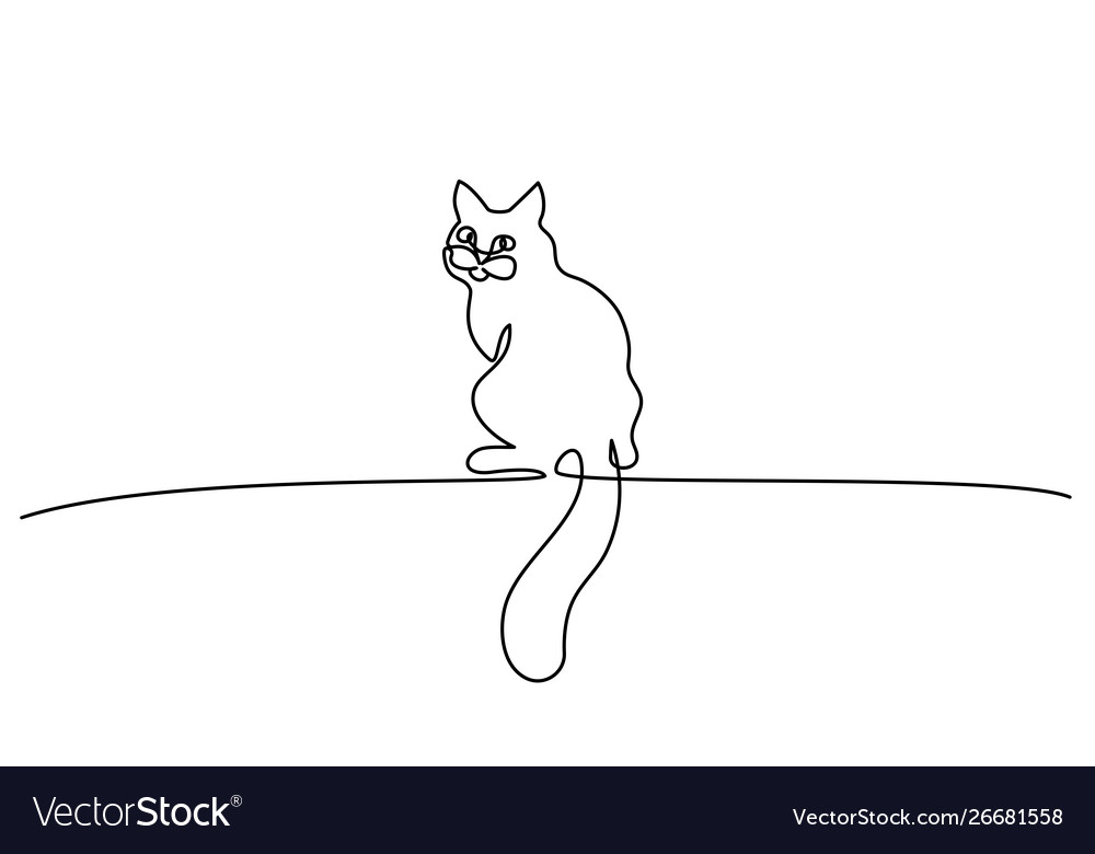 One Line Drawing Cat Sitting With Big Tail Vector Image