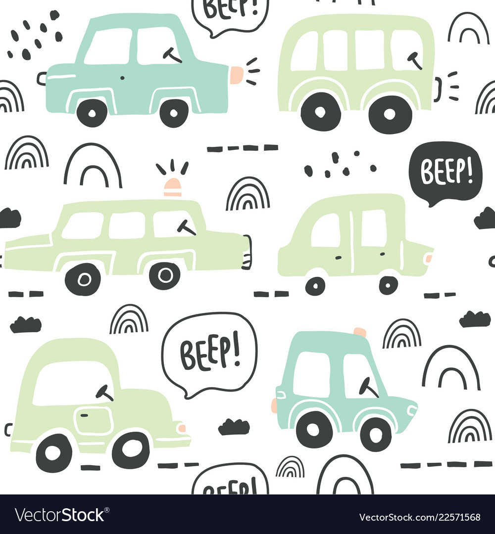 Seamless pattern with hand drawn cute car