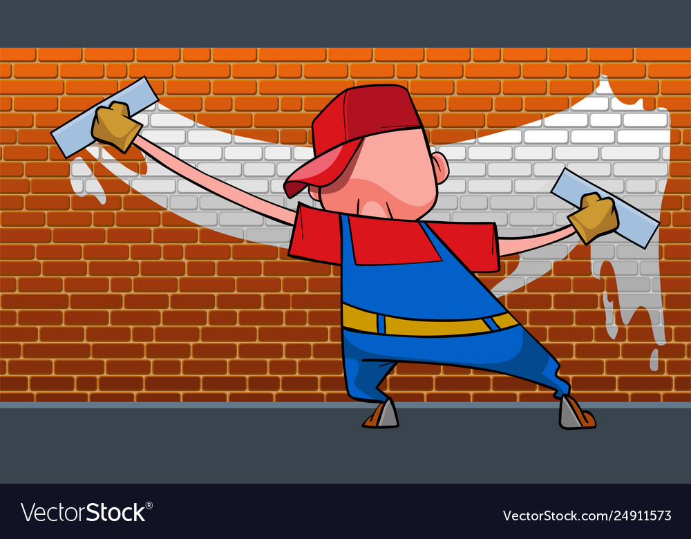 Cartoon man with two rollers funny paints wall Vector Image