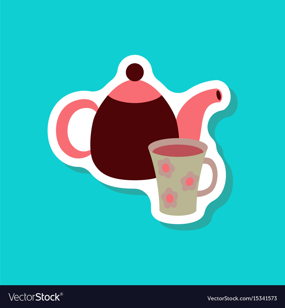 Paper sticker tea kettle and cup Royalty Free Vector Image