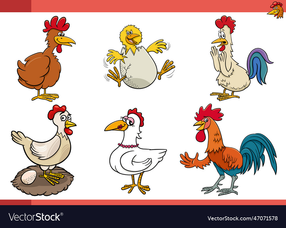 Cartoon chickens farm animals comic characters set