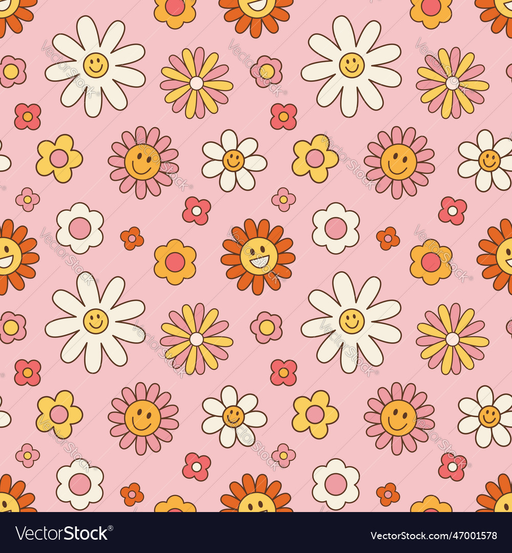 Floral Vector Background With Vintage Groovy Daisy Flowers