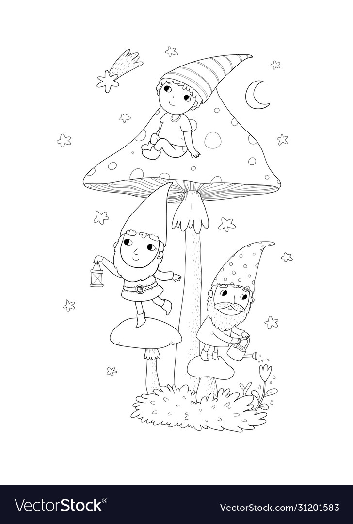 Three Cute Cartoon Gnomes Forest Elves Fairy Vector Image