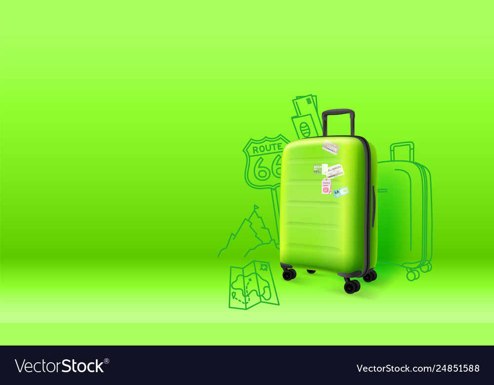 Green plastic suitcase on background