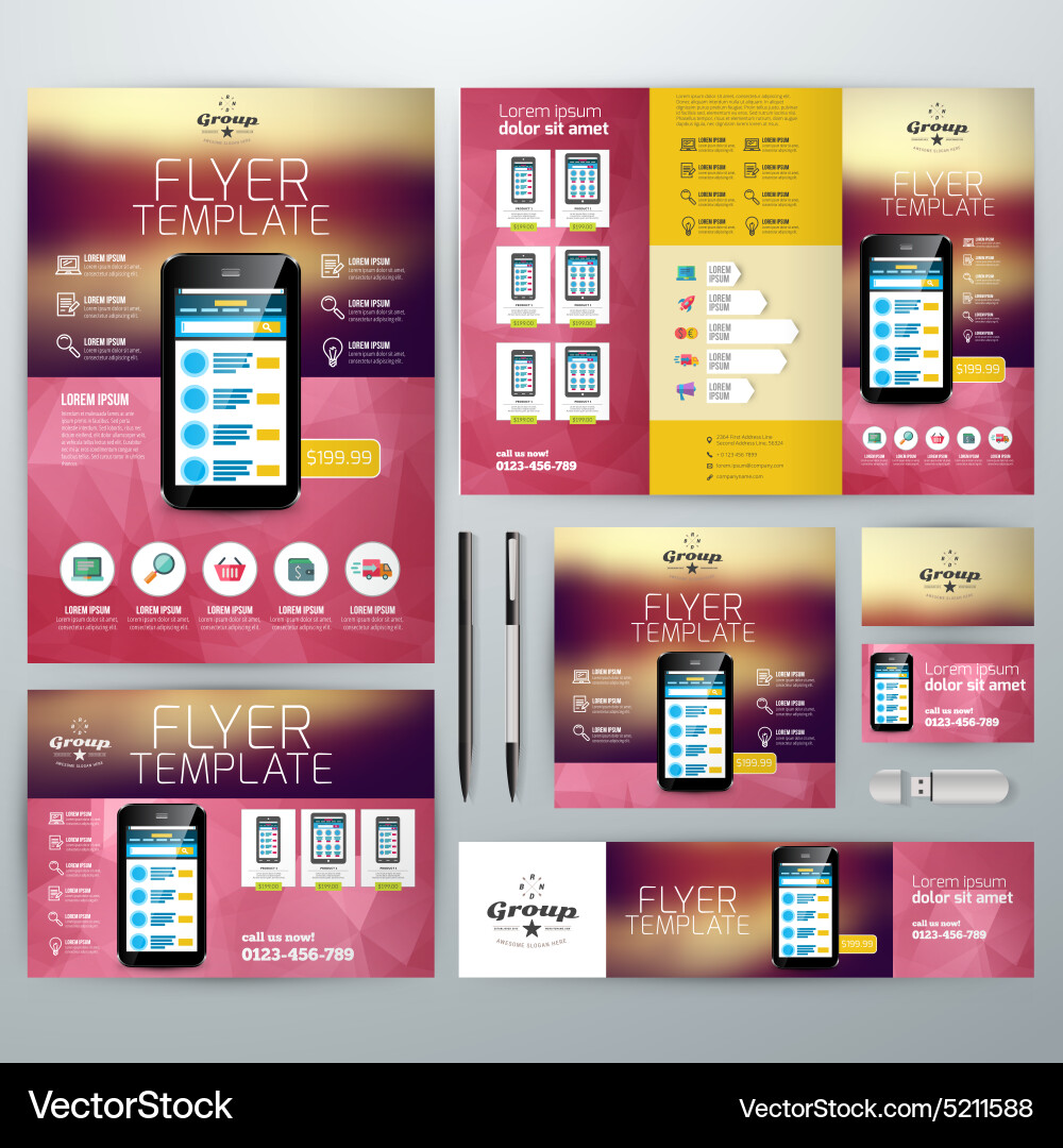 Set stationery design templates flyer booklet Vector Image