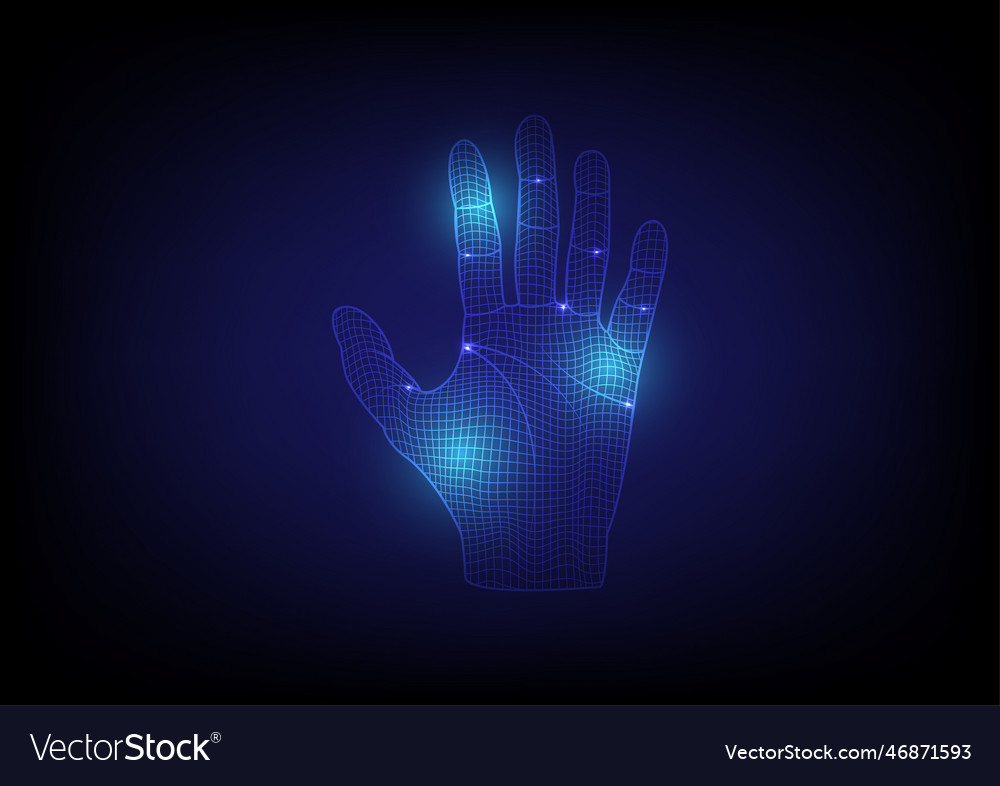 Blue wireframe hand with glowing lights Royalty Free Vector