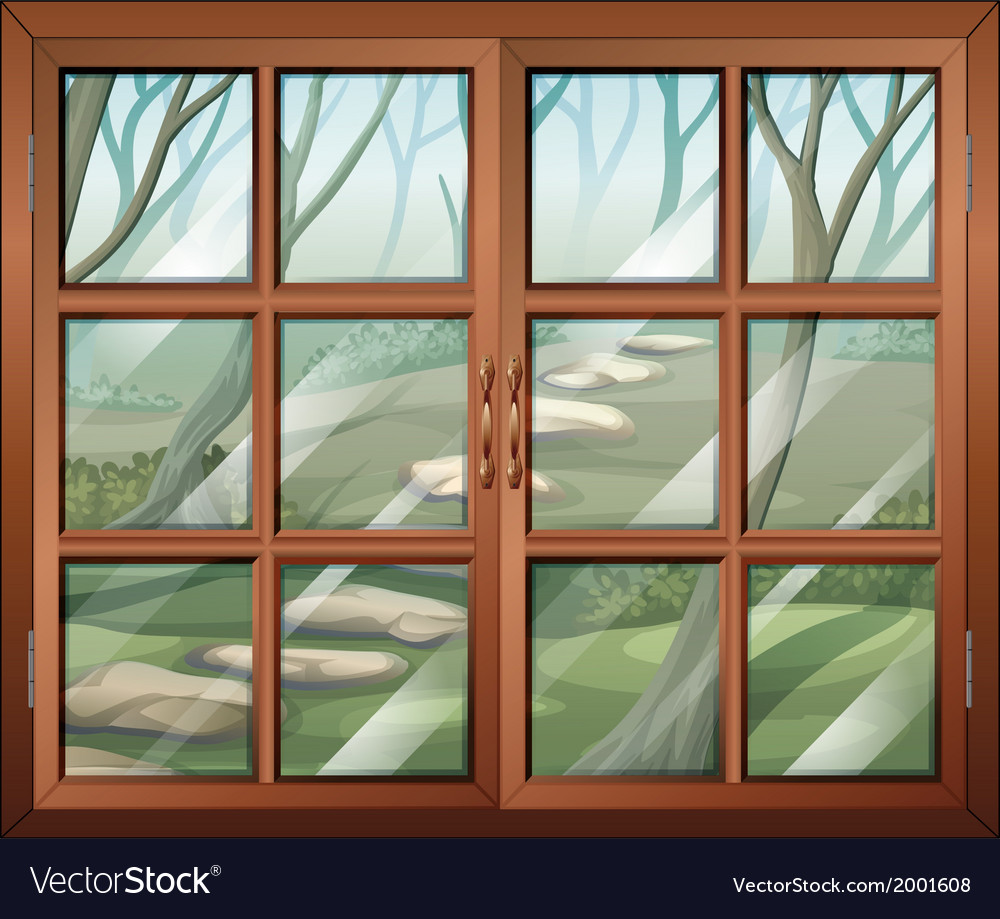 A closed window with a view of the forest Vector Image