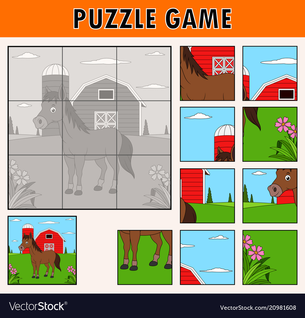 Jigsaw puzzle game with cute horse animal Vector Image