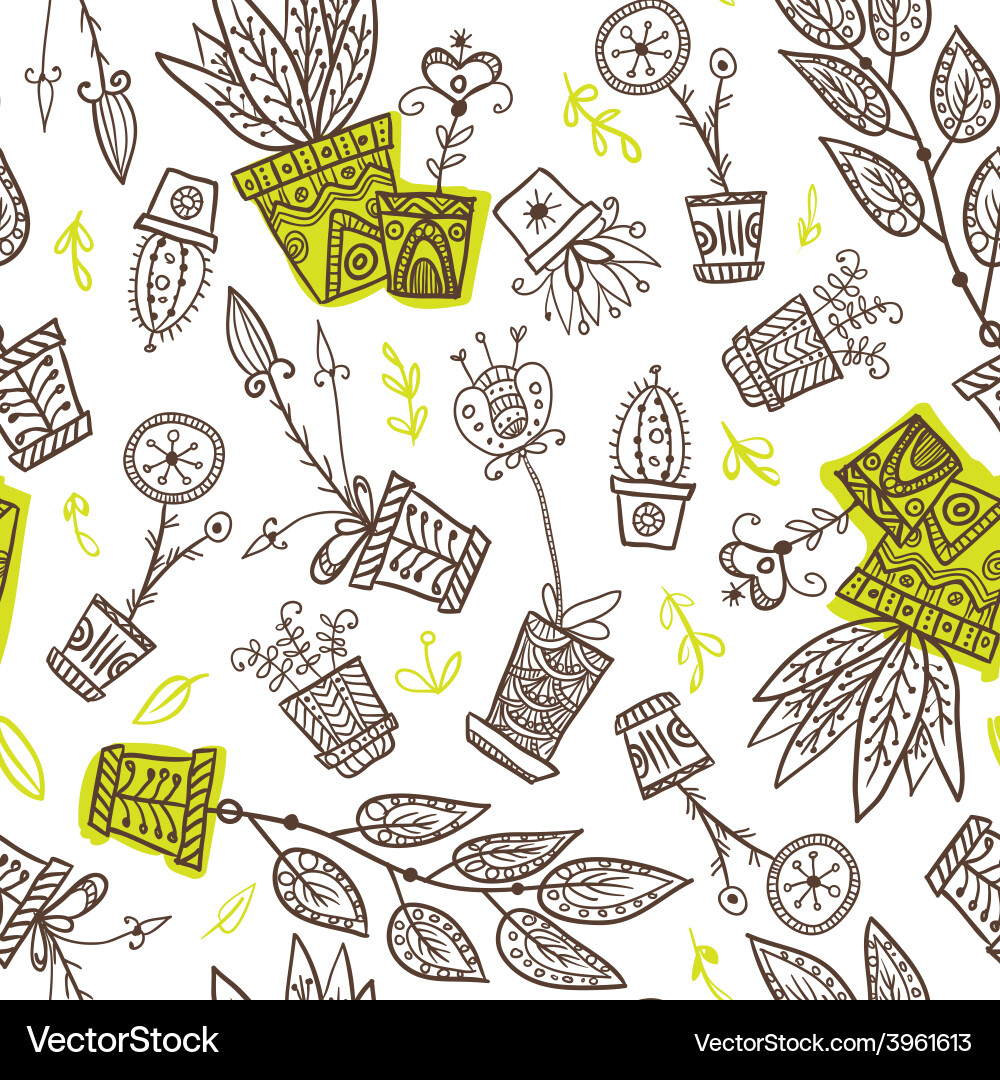 Flowerpots with plants seamless pattern Royalty Free Vector