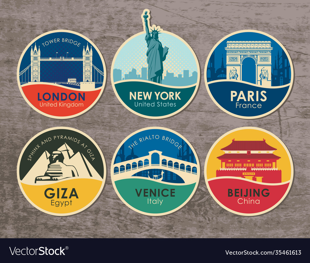 Set stickers with sights various countries vector image Set stickers with sights various countries