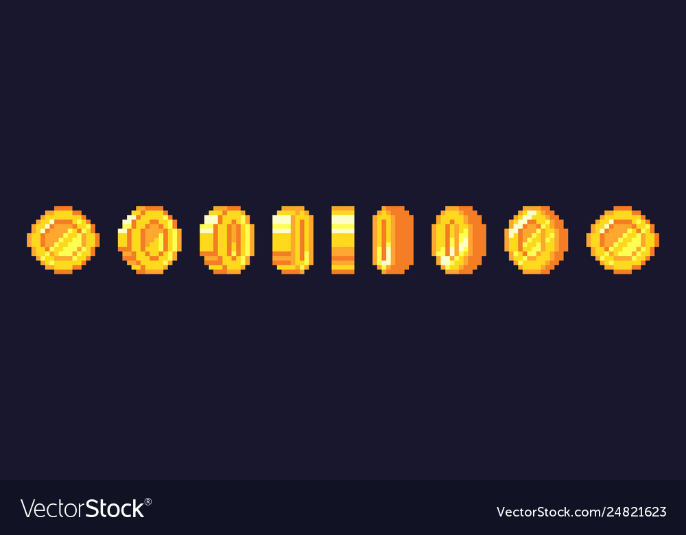 Pixel game coins animation golden pixelated coin Vector Image