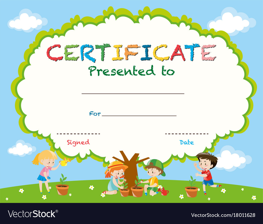 Certificate template with kids planting trees Vector Image Within Free Kids Certificate Templates