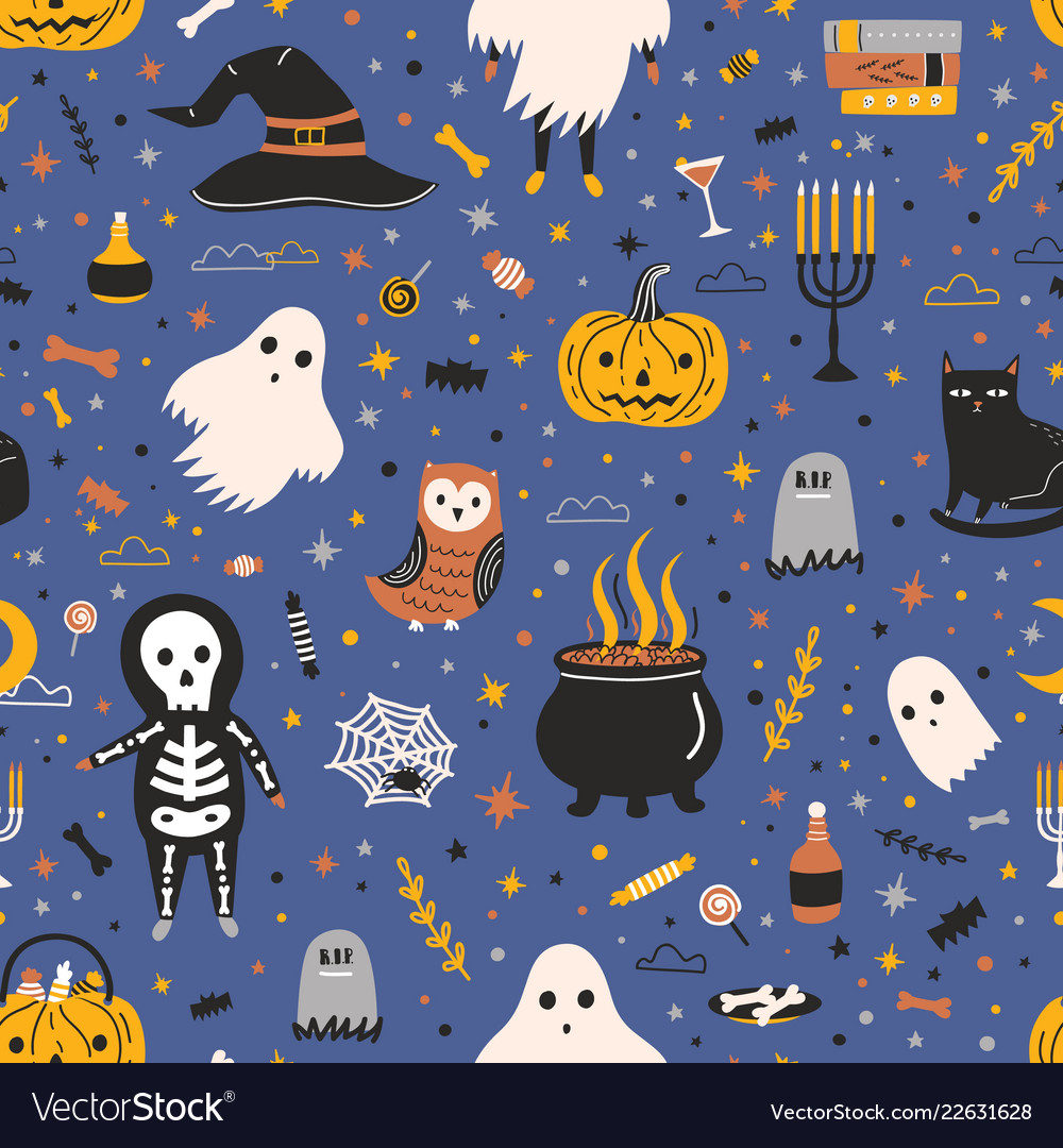 Halloween seamless pattern with adorable spooky Vector Image