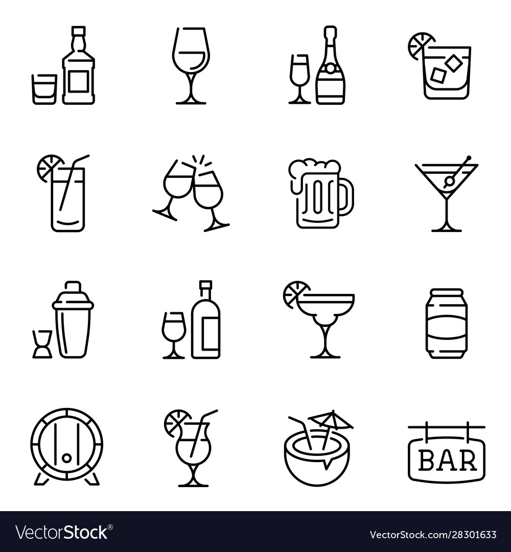 Alcohol drinks thin line icons set vector image Alcohol drinks thin line icons set