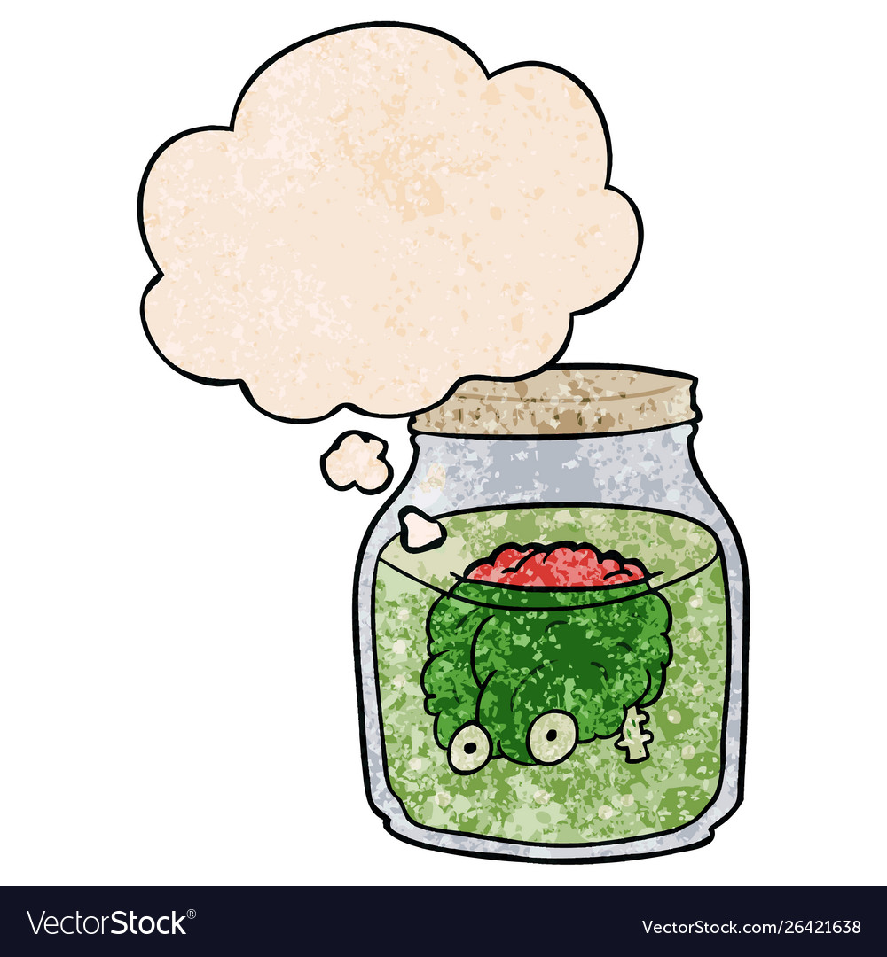 Cartoon spooky brain in jar and thought bubble Vector Image