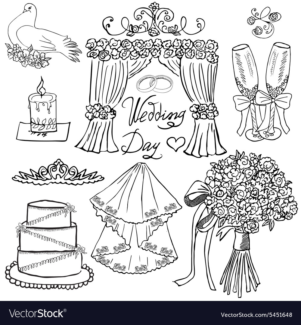 Wedding day elements Hand drawn set with flowers Vector Image