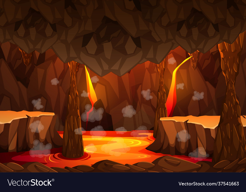 Infernal dark cave with lava scene Royalty Free Vector Image