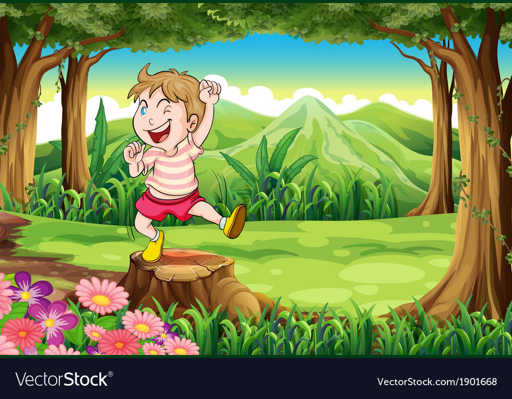 A playful young boy at forest standing above Vector Image