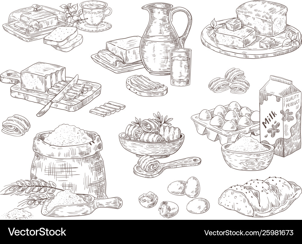 Hand drawn bakery goods butter milk eggs Vector Image