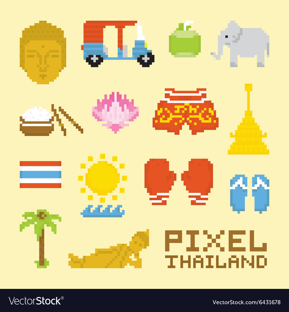 Pixel art isolated thailand objects Royalty Free Vector