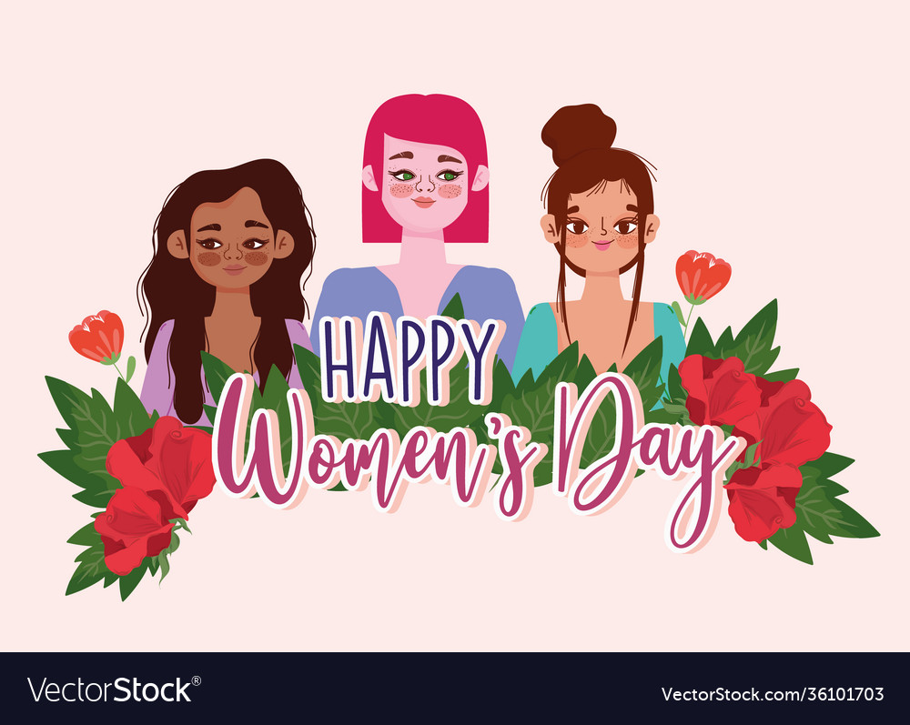 Womens Day Hand Drawn Text And Girls With Flowers Vector Image