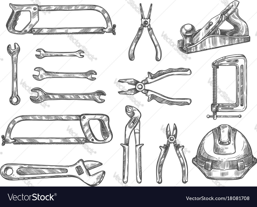 Construction and repair tool isolated sketch set Vector Image
