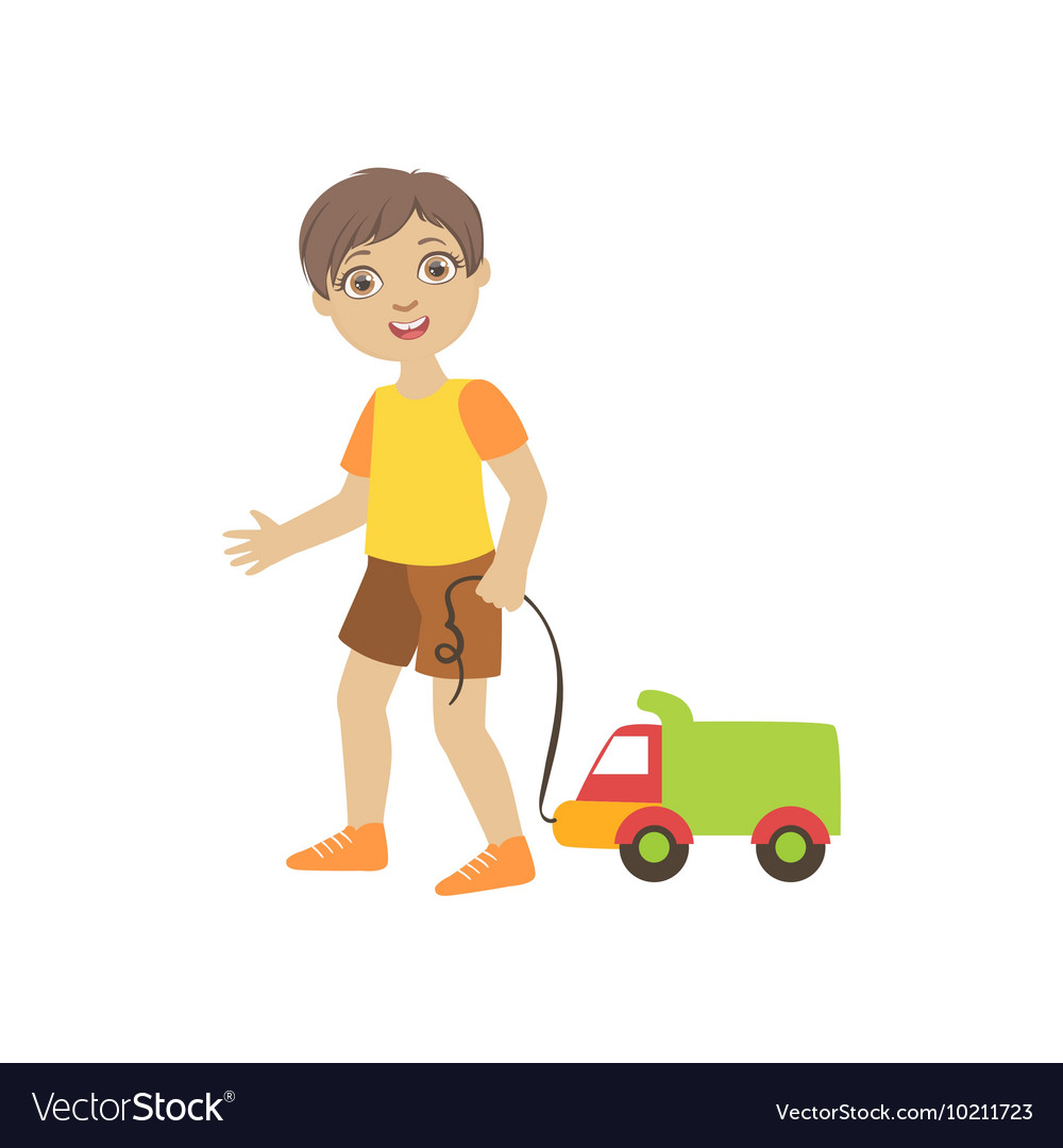 Boy walking dragging toy truck on a string Vector Image