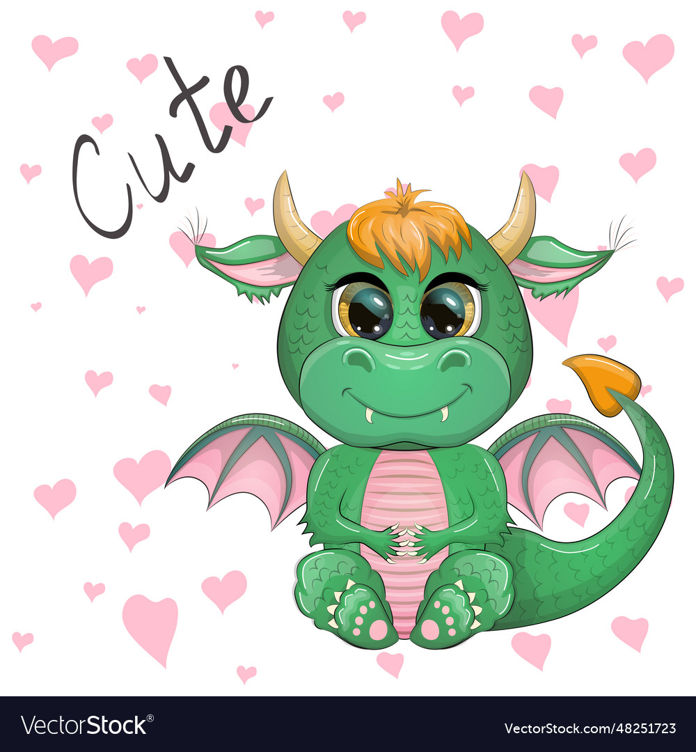 Cute cartoon green baby dragon with horns Vector Image